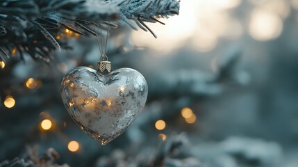 Silver heart ornament hangs on snowy Christmas tree outdoors at sunset
