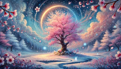 A Serene Night of Cherry Blossoms and Snow Illuminated by Golden Moonlight