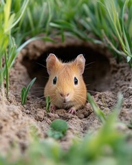A small golden hamster peeking out from its burrow in a grassy field.