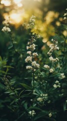 Delicate white flowers rise amidst vibrant greenery, illuminated by the golden rays of sunlight. This serene botanical garden invites peace and inspiration, showcasing nature's beauty