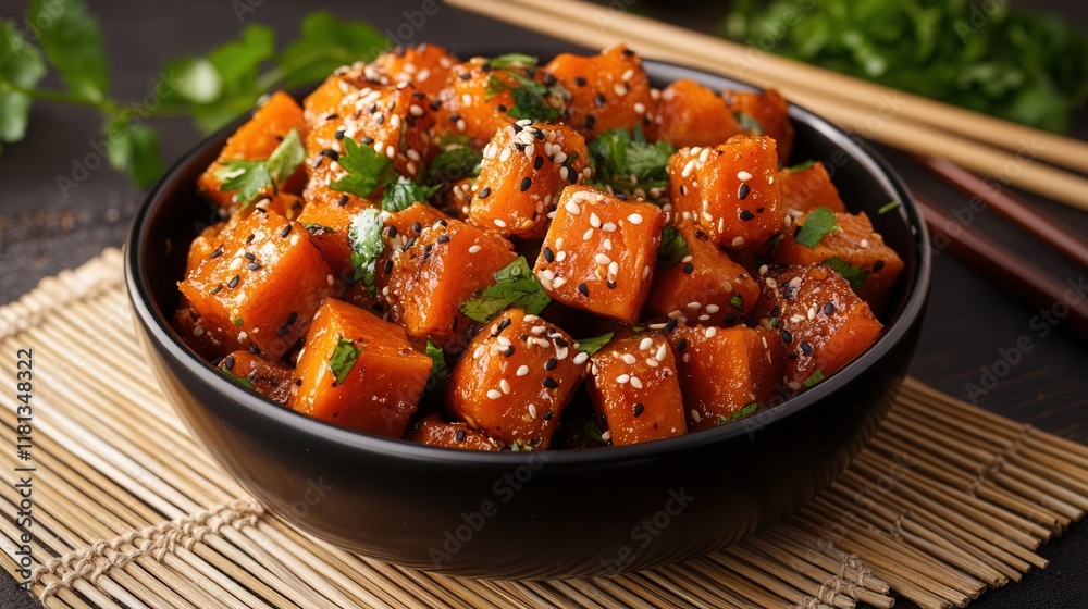 Wall mural Delicious candied sweet potatoes with honey and sesame seeds served in a black bowl on a bamboo mat. food background for menu, book, website