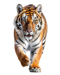 Majestic tiger gazing directly with intense eyes on a transparent background