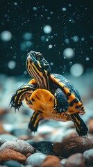 Obraz premium A vibrant turtle swimming among pebbles in a serene underwater setting.