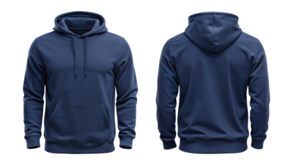 navy blue blank hoodie template from two sides isolated on transparent white background, clipping path