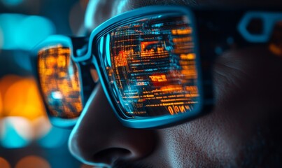 Programmer, glasses and working online, futuristic and digital with information technology and bokeh. Coder, man and employee with eyewear for vision, virtual and overlay of server and, Generative AI