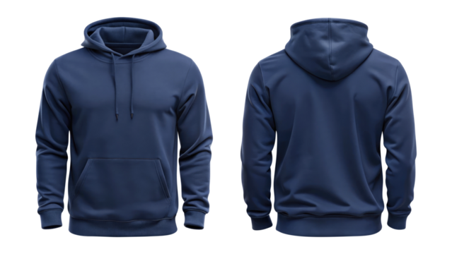 navy blue blank hoodie template from two sides isolated on transparent white background, clipping path