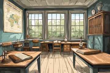 Naklejka premium Vintage Classroom Interior With Antique Desks And Maps