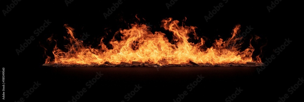 Poster large orange flames rising from burning wood on black background. creating a dramatic and powerful i