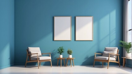 modern living room, cerulean blue color wall background with armchair, and blank poster frame