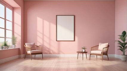 Fototapeta premium minimalist living room idea, bridgerton pink color wall background with armchair, and blank poster
