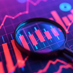 Financial forecast outlook concept. Colorful financial graph magnified by a magnifying glass.