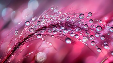 Dew drops on pink grass, macro photography.