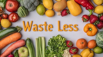 Food reduction waste concept. Colorful fruits and vegetables arranged around the phrase "Waste Less.