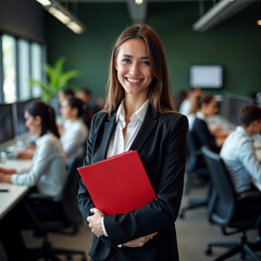 A young woman holds a folder full of documents. She navigates her office with confidence. Her professional attire and leadership shine in the workspace.