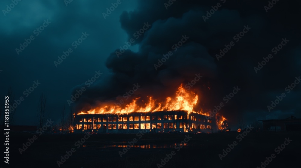Poster intense flames engulfing a large building at night, creating a dramatic scene filled with bright ora