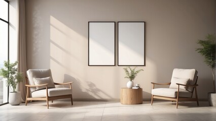 Fototapeta premium minimal living room, light fawn color wall background with armchair, and blank poster frame