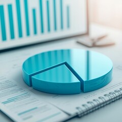 Financial forecast outlook concept. Pie chart on a desk with financial documents and graphs in the background.