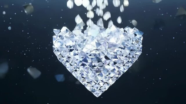 falling diamonds form a sparkling heart shape against a dark background, perfect for luxury, romance, and jewelry themes, ideal for marketing and cinematic projects