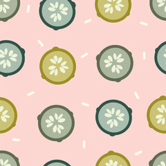 cute hand drawn seamless vector pattern illustration with cucumber slice on pink background