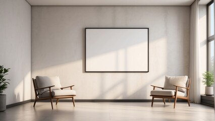 minimal living room, pearl color wall background with armchair, and blank poster frame