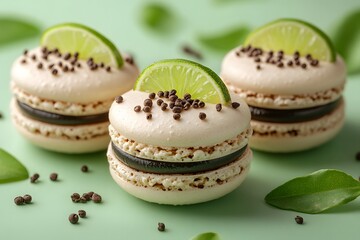 Fototapeta premium Gourmet Lime Macarons with Chocolate Filling and Peppermint Decor on Pastel Green Background