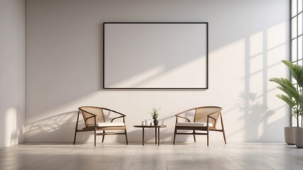 minimal living room, pearl color wall background with armchair, and blank poster frame