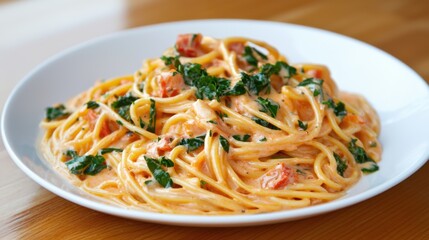 A delicious plate of creamy pasta with tomatoes and fresh herbs, beautifully presented, ready to be enjoyed.