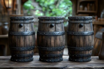 Fototapeta premium Vintage Wooden Barrels in Rustic Tavern Setting for Beverage and Brewing Concepts