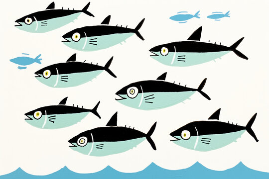 Dynamic school of tuna swimming in playful underwater scene