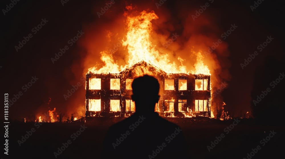 Poster Silhouette of man watching a burning building engulfed in flames at night, creating a dramatic and devastating scene of destruction and loss