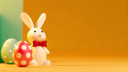 Wooden rabbit figurine with colorful Easter eggs on bright background, evoking festive atmosphere