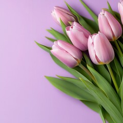 Fototapeta premium Beautiful purple tulips on soft background ideal for Mother's Day celebration and decoration with ample copy space. March 8, happy spring. floral background, banner