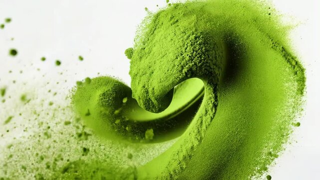 Green powder is shown in a spiral shape. The powder is green and he is a type of powder used for a specific purpose