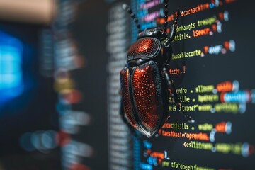 Close up of a software bug resting on a computer screen displaying lines of code, representing software vulnerabilities and errors