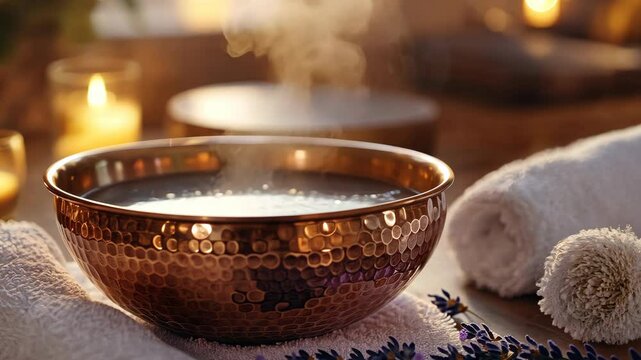 Relaxing spa treatment with steaming herbal bowl and soothing ambiance in a tranquil setting