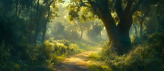 Fototapeta premium Sunlit forest path, morning mist, nature background, game design
