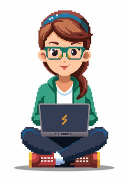 Mujer pixelada trabajando en una computadora port&aacute;til, trabajo remoto, trabajo desde casa