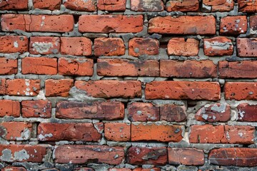 Obraz premium Close up of weathered red brick wall with crumbling mortar, creating rustic, textured background