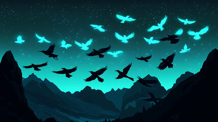 A serene night scene with glowing birds flying over a mountainous landscape under a starry sky.