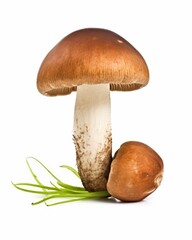 Isolated Boletus Mushroom with a Brown Cap and Short Stalk Surrounded by Green Grass on a Clean White Background