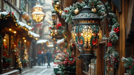 Obraz premium Festive Christmas street scene with ornate lantern.