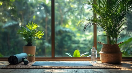 Serene yoga setup rolledout mat pair of dumbbell water bottle potted plant set against large window overlooking lush greenery promoting wellness mindfulness