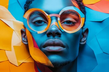 Man, collage art and creative male face made of paper for positivity, magazine or advertising. Colourful, vibrant pop and creative graphic design poster for background, wallpaper, Generative AI