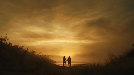 Fototapeta premium Couple holding hands, sunset beach, dramatic sky, romance