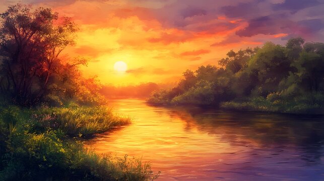Sunset river landscape, fiery sky, tranquil scene, nature background, idyllic