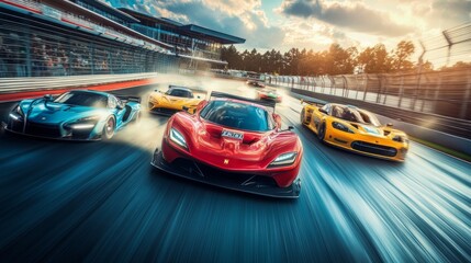 colorful supercars racing on a modern race track. Day, summer
