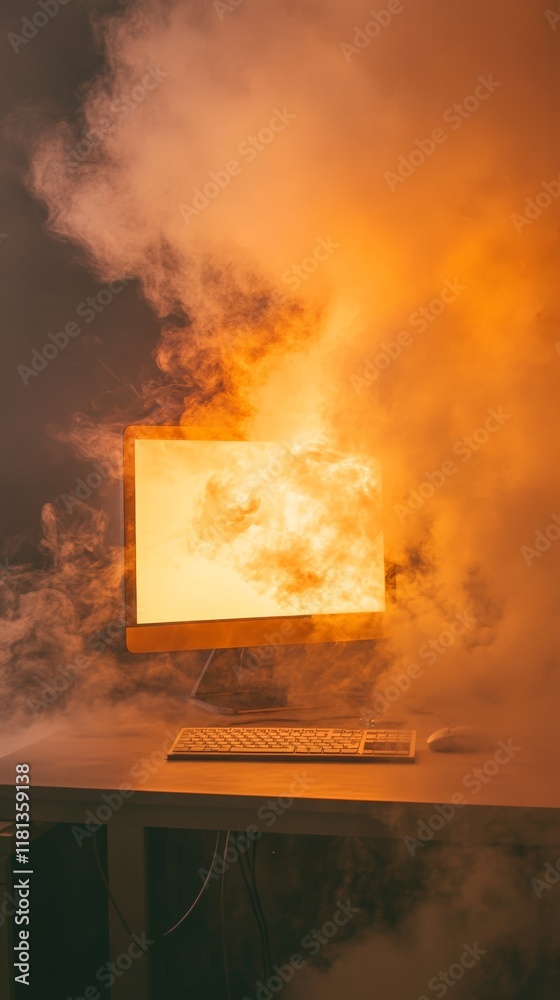 Poster Orange smoke is coming out from a computer screen illuminated in the dark, creating a dramatic and dangerous atmosphere, suggesting a technical malfunction or cyber attack
