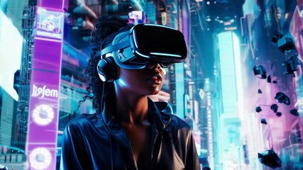 Happy smiling woman Afro American black in futuristic style virtual reality headset. In low poly style, showing intelligent AI model with accurate wireframe design - Powered by Adobe