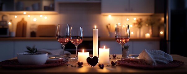 Romantic Valentine's dinner setup with wine glasses, candles, and soft lighting in a cozy kitchen