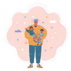 Cartoon vector illustration of devastated and exhausted Father are holding daughter and son